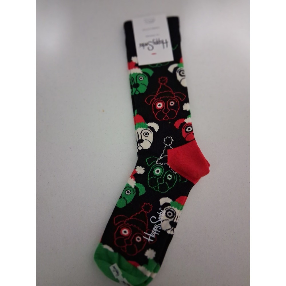 Happy Socks Mens Holiday Dog Pug Santa Hat Crew Socks Black Red Green Size 8-12